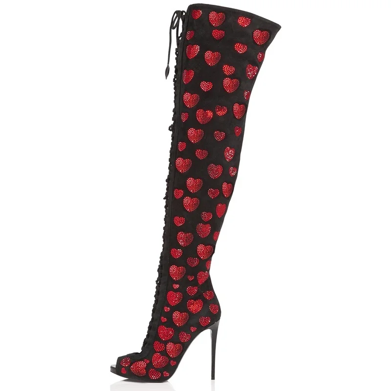 New Arrivals Red Crystal Over The Knee Boots Open Toe Lace-up Gladiator Thigh High Boots Black Suede Patchwork Celebrating Shoes
New Arrivals Red Crystal Over The Knee Boots Open Toe Lace-up Gladiator Thigh High Boots Black Suede Patchwork Celebrating Shoes