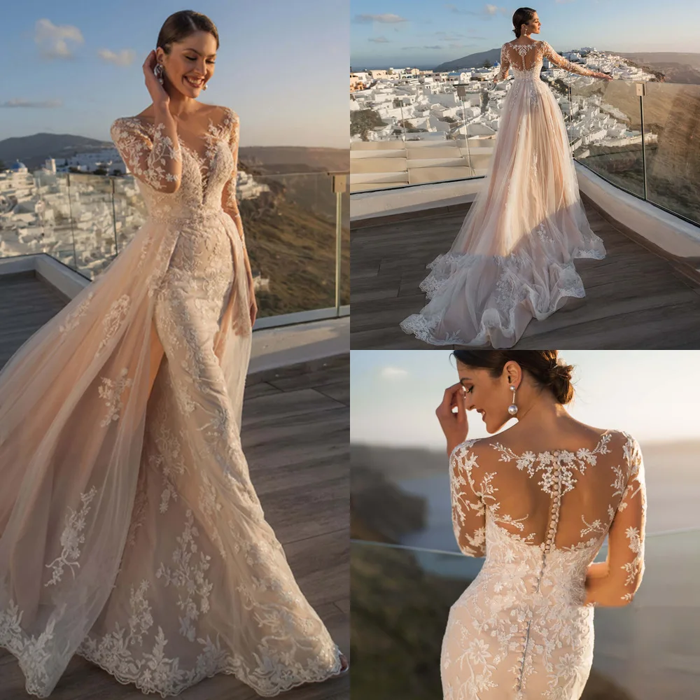 Luxury Mermaid Wedding Dresses Long Sleeve Back Button Detachable Train 2 In 1 Lace Applique Wedding Gowns Tailor-made
Luxury Mermaid Wedding Dresses Long Sleeve Back Button Detachable Train 2 In 1 Lace Applique Wedding Gowns Tailor-made
