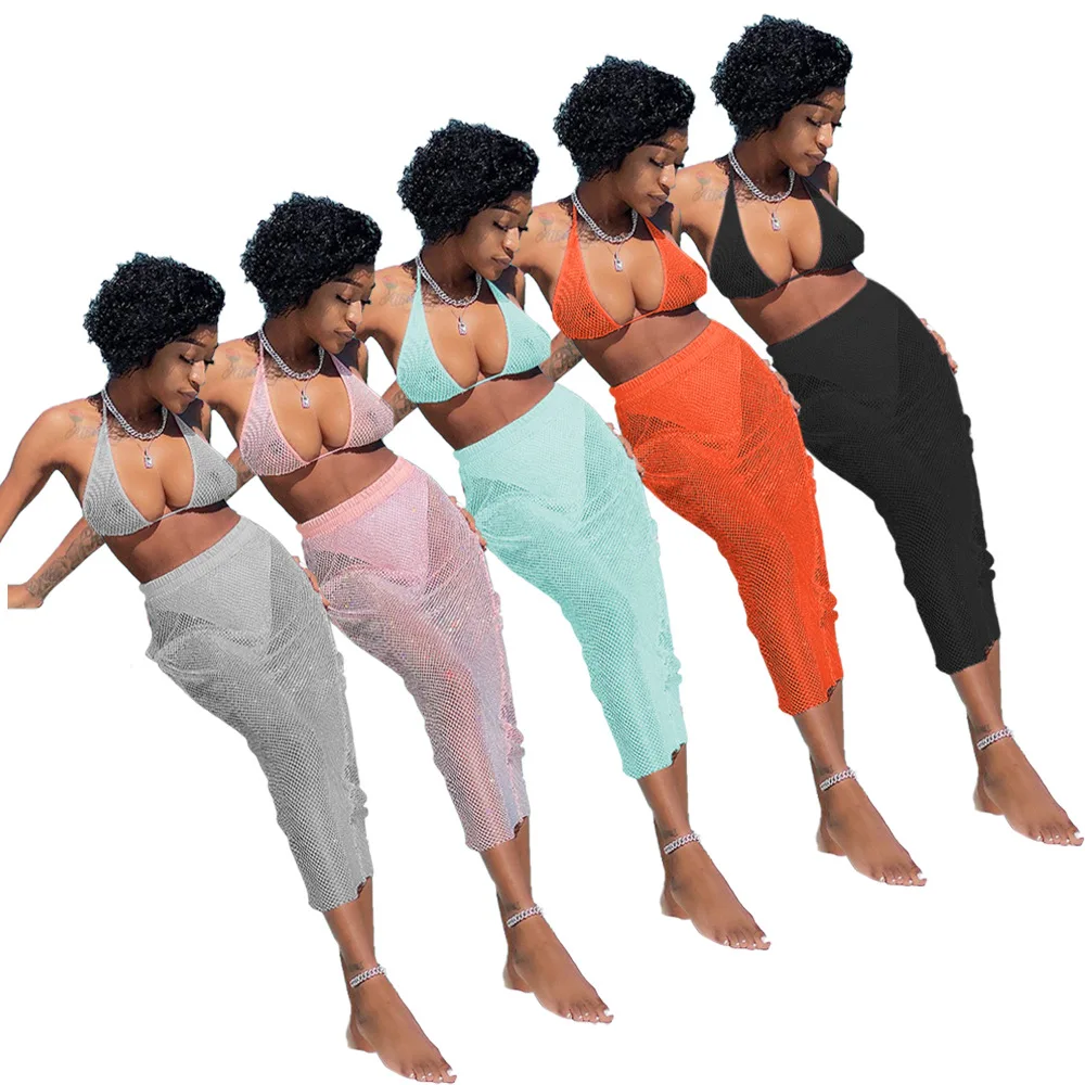 Fishnet Women Bikini Cover-ups Halter Knitted Bra Sexy See Through Skirt Matching Set 2021 Summer Vacation Beachwear 2 Piece Set
Fishnet Women Bikini Cover-ups Halter Knitted Bra Sexy See Through Skirt Matching Set 2021 Summer Vacation Beachwear 2 Piece Set