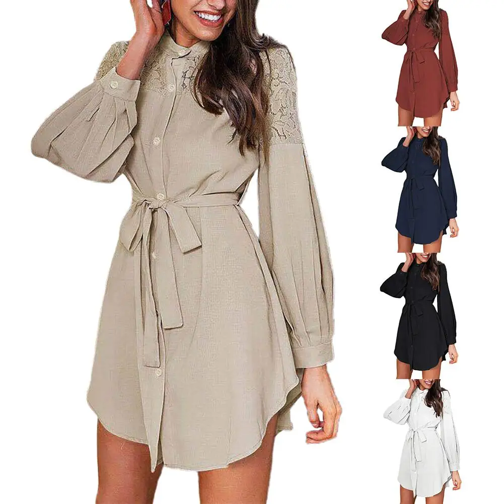 New Fashion Women Autumn Winter Leisure Puff Sleeve Buttons Lace Patchwork Belt Shirt A-line Dress
New Fashion Women Autumn Winter Leisure Puff Sleeve Buttons Lace Patchwork Belt Shirt A-line Dress