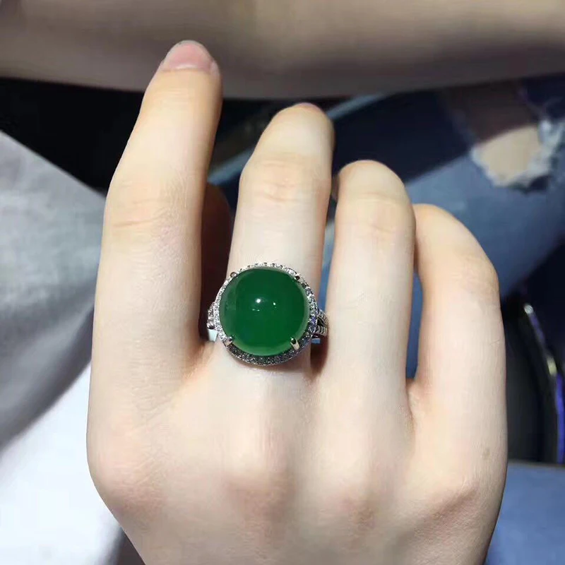 

Серебряное инкрустированное полностью алмазное натуральное круглое зеленое кольцо из халцедона регулируемое изысканное элегантное женск...