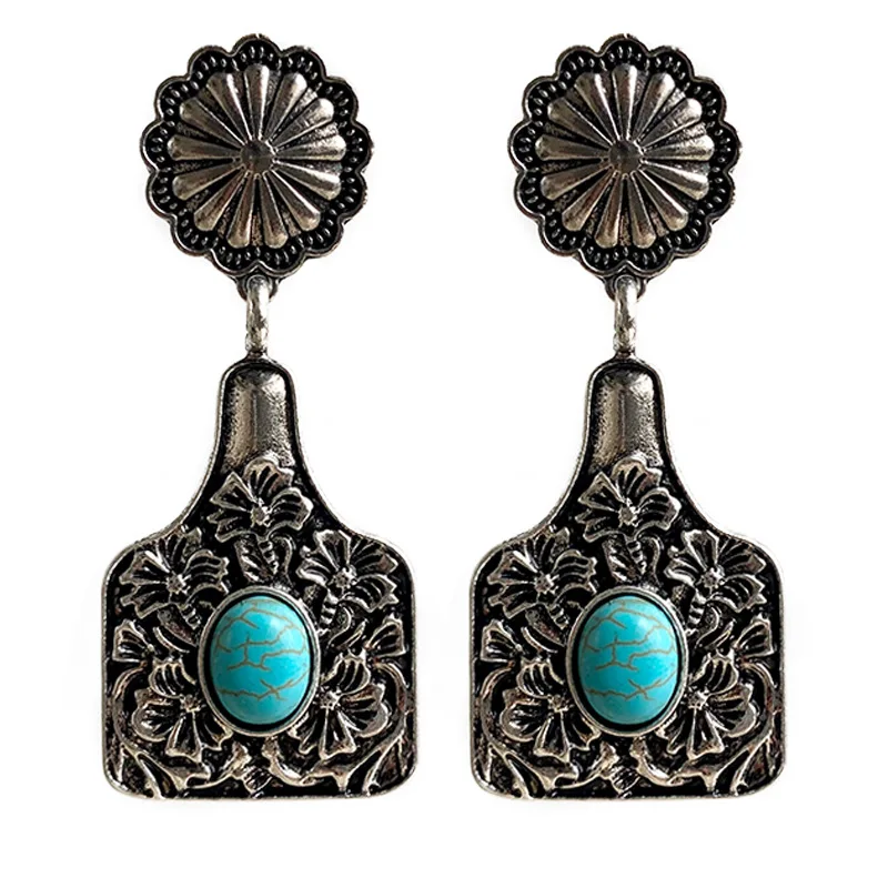 Antique Silver Turquoise Beads Cow Tag Dangle Drop Earrings Western Jewelry Concho Floral Studs Cowtag Drop Earrings
Antique Silver Turquoise Beads Cow Tag Dangle Drop Earrings Western Jewelry Concho Floral Studs Cowtag Drop Earrings