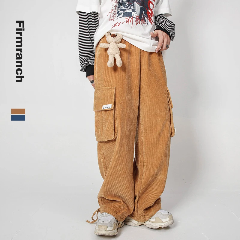 

Firmranch New Fall/Winter Men/Women Couples Bear Hanging Corduroy Cargo Pants Sunflowered Adorn Casual Loose Wide Leg Trousers