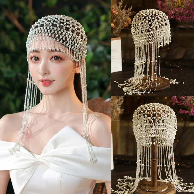 

1920s Cleopatra Pearl Cap Goddess Hair Jewelry Great Gatsby Hair Accessory Hollow Pearl Tassel Headpiece for Wedding 066F
