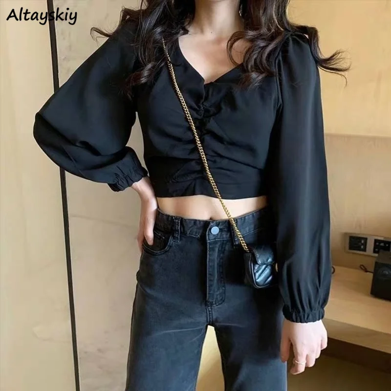 

Cropped T-shirts Women Fashion Chic Long Puff Sleeve Solid V-neck Crop Sexy Ladies V-neck Folds Gentle Streetwear Casual Ulzzang