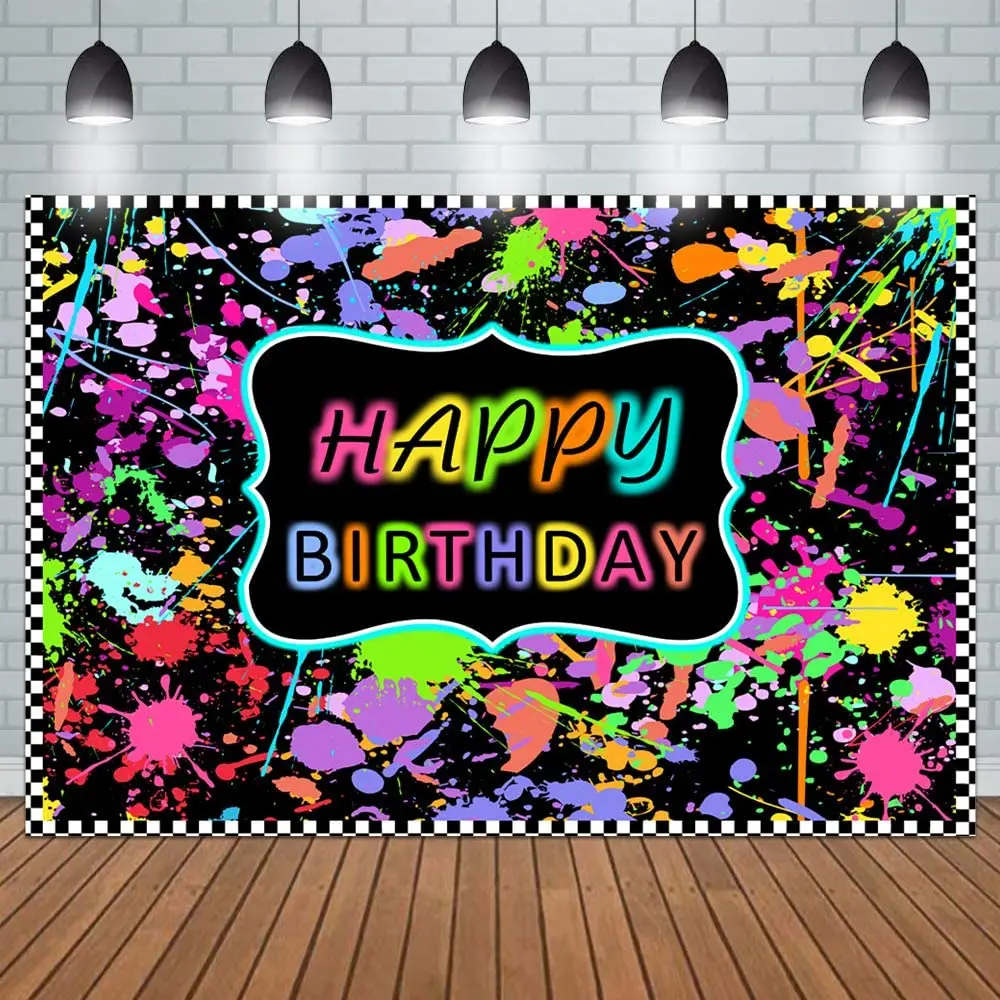 

Paint Splatter Happy Birthday Photography Backdrop Colorful Neon Glow Graffiti Abstract Splash Painting Background Party Banner