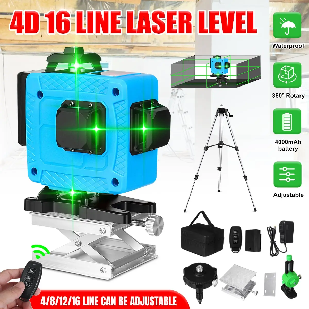 16 Lines 4D Laser Level green line SelfLeveling 360 Horizontal And Vertical Super Powerful Laser level green Beam laser level
16 Lines 4D Laser Level green line SelfLeveling 360 Horizontal And Vertical Super Powerful Laser level green Beam laser level