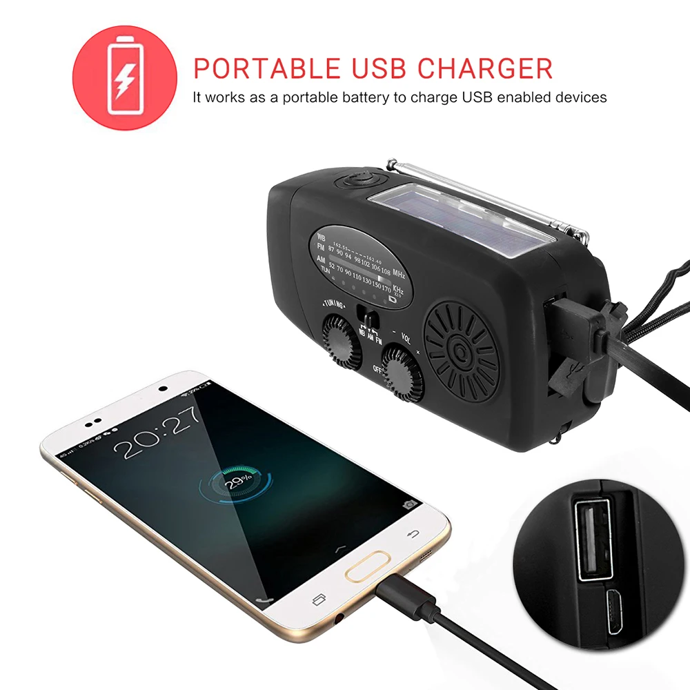 Emergency Charger Hand Crank Generator Wind/Solar Light/Dynamo Powered FM/AM Radio Phones Chargers LED Flashlight 
Emergency Charger Hand Crank Generator Wind/Solar Light/Dynamo Powered FM/AM Radio Phones Chargers LED Flashlight