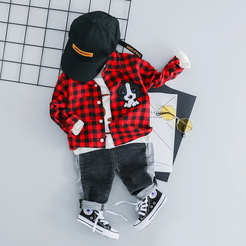 Spring Autumn Baby Girls Boys Clothing Sets Lapel Plaid Shirt Jeans Kids Cartoon Children Costume Infant Leisure Clothes Suits | Детская