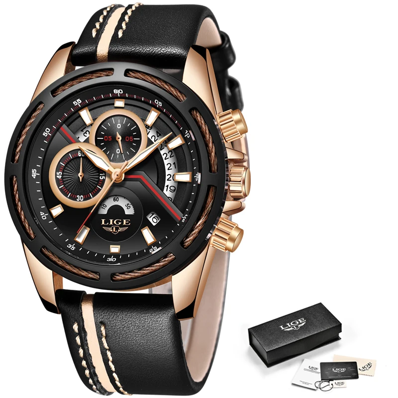 LIGE Top Luxury Brand Watch Men Fashion Casual Gold Quartz Watch Men Leather Military Waterproof Sport Watches Relogio Masculino