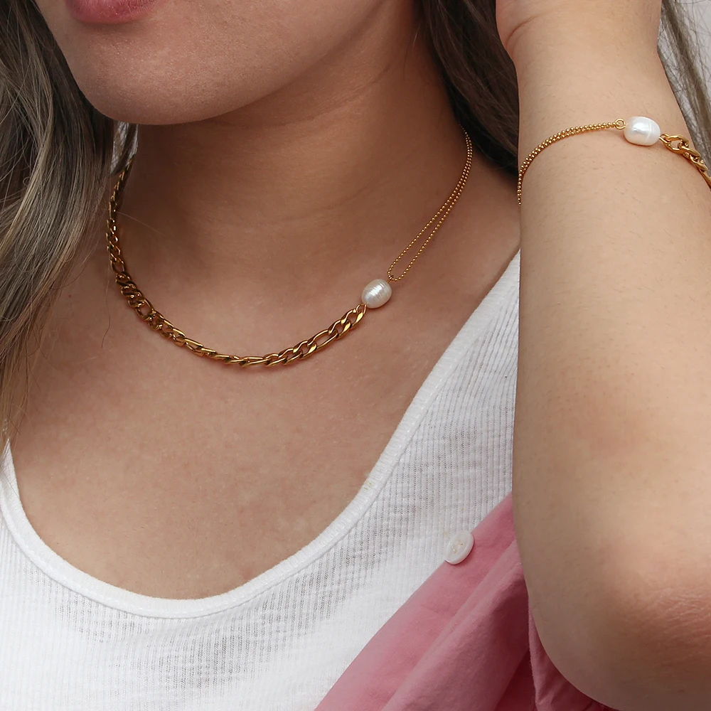 2021 New Design Assymetric Splicing Figaro Chain Beads Chain Pearl Necklace Fashion New Stainless Steel Gold Necklace
2021 New Design Assymetric Splicing Figaro Chain Beads Chain Pearl Necklace Fashion New Stainless Steel Gold Necklace