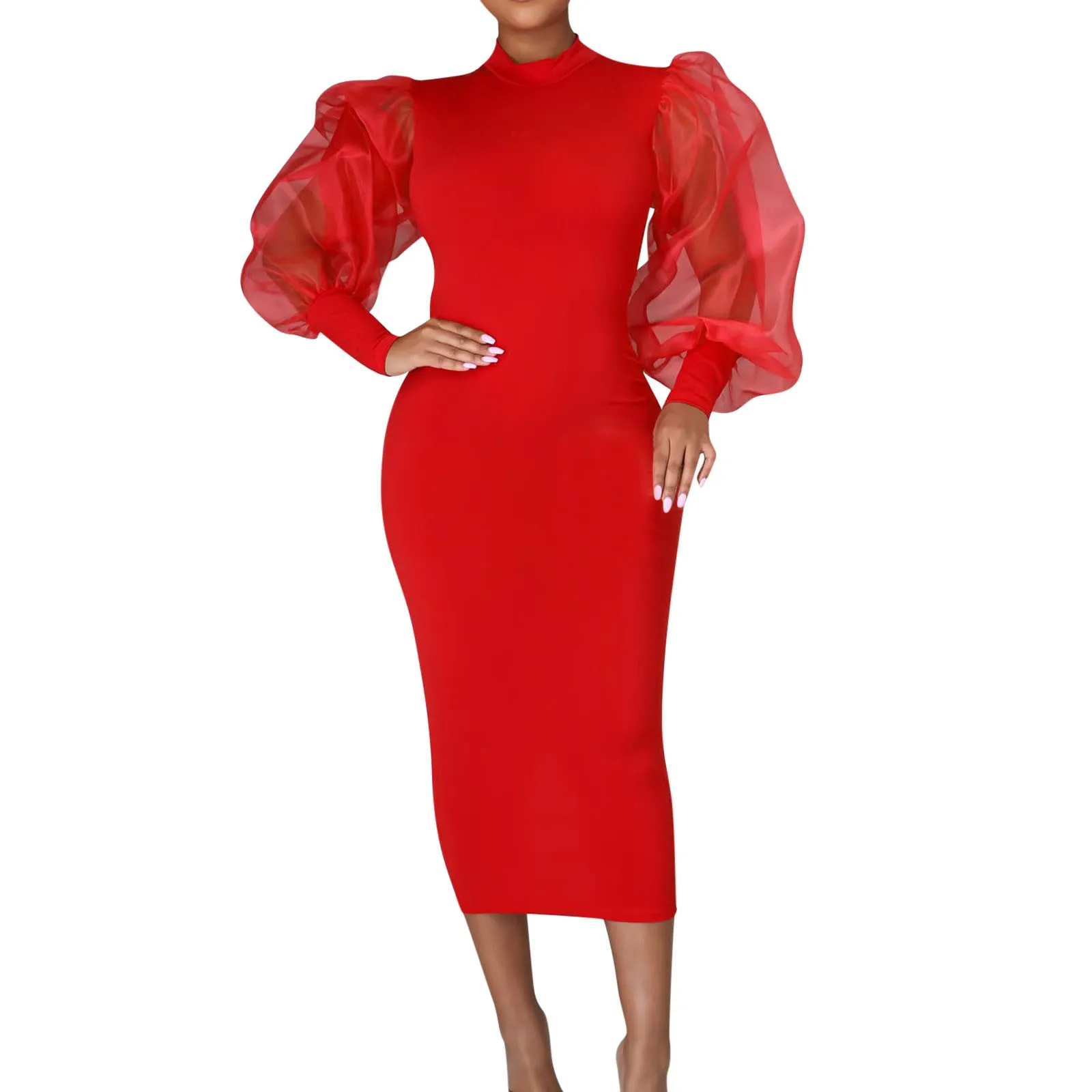 Women Casual Dress Solid Mesh Splice Long Lantern Sleeve Dress Perspective Slim Turtleneck Casual Sexy Dress Evening Party Dress
Women Casual Dress Solid Mesh Splice Long Lantern Sleeve Dress Perspective Slim Turtleneck Casual Sexy Dress Evening Party Dress