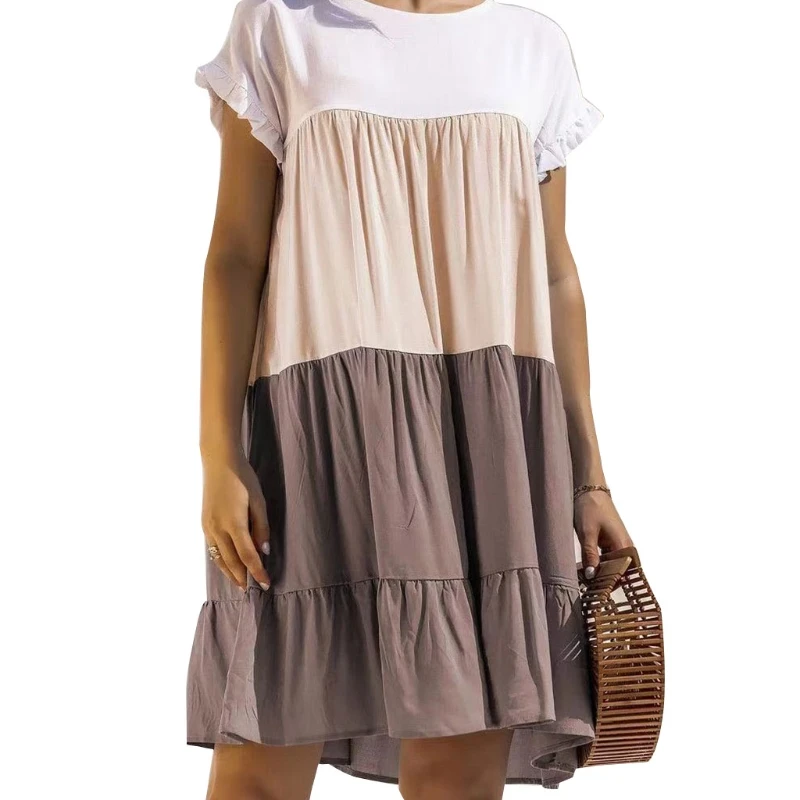 

Women Summer Ruffles Short Sleeve Color Block Swing Midi Tunic Dress Pleated Flared Hem Crew Neck Casual Loose Beach Sundress