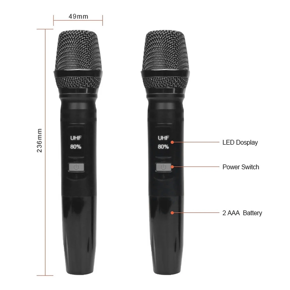 UHF Wireless Microphone System with 1 Receiver 2 Microphones