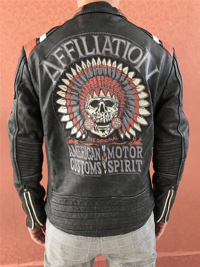 

Offer! AFF-01 Super Read Description! Asian Size Mans Genuine Cow Leather Rider Coat Embroidery Cowhide Biker Jacket