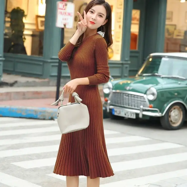 Women Korean Long Sleeve Sweater Dress Fashion Pleated Midi Knit Dresses Solid Plus Size Bodycon | Женская одежда