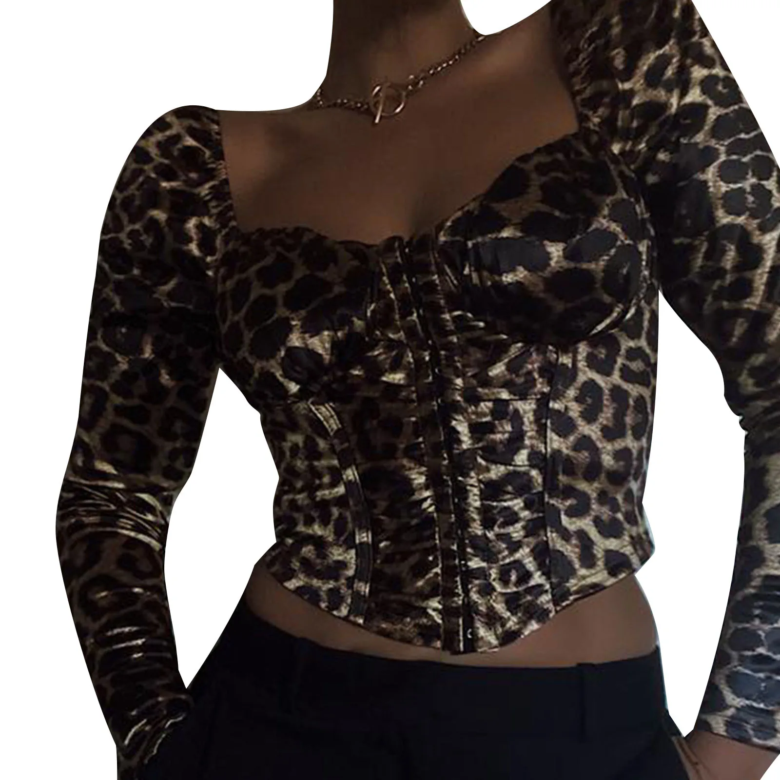 Women Backless Crop Top Adults Sexy Leopard Print Long Sleeve Square Collar T-shirt
Women Backless Crop Top Adults Sexy Leopard Print Long Sleeve Square Collar T-shirt