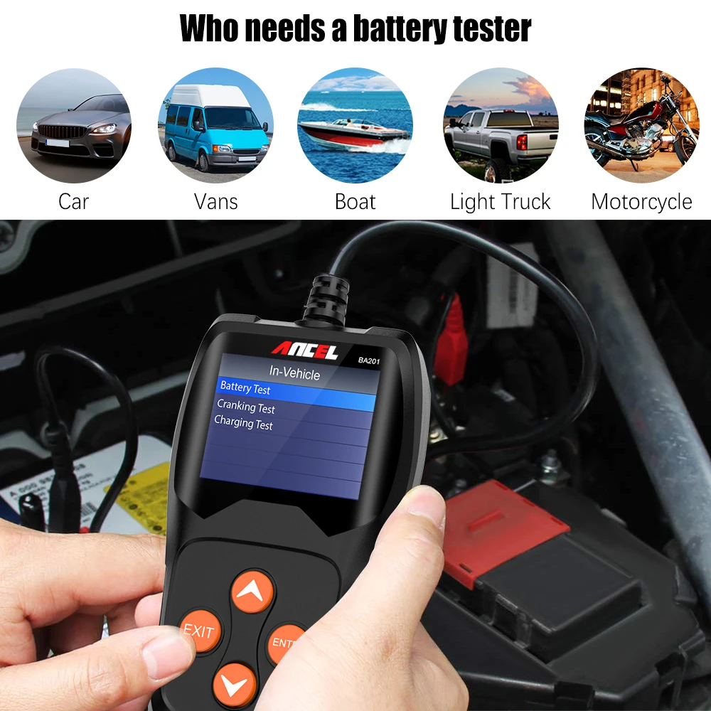 Battery Tester 12V Analyzer Ancel BA201 100 to 2000CCA Car Battery Tester Car Quick Cranking Charging Circut Tester 
Battery Tester 12V Analyzer Ancel BA201 100 to 2000CCA Car Battery Tester Car Quick Cranking Charging Circut Tester