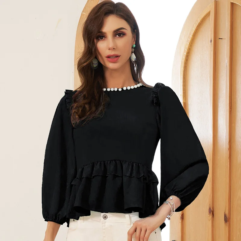 New Products Ladies Fashion Ladies Pearl Collar Puff Sleeves Ruffled Cute Baby Shirt Loose Wild Short Women's Top T-shirt
New Products Ladies Fashion Ladies Pearl Collar Puff Sleeves Ruffled Cute Baby Shirt Loose Wild Short Women's Top T-shirt