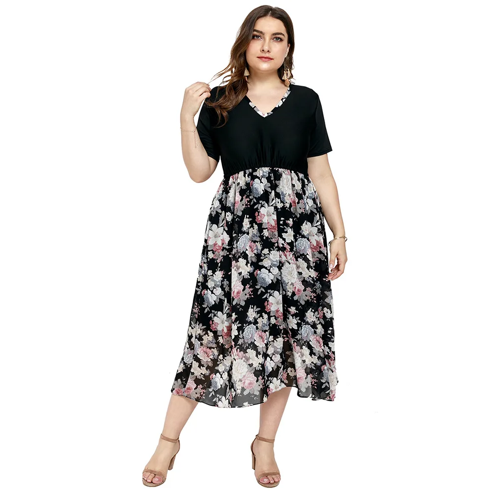 Plus Size Women's Beautiful Summer V-neck Short Sleeve Chiffon Floral Midi Dresses for Fat Lady
Plus Size Women's Beautiful Summer V-neck Short Sleeve Chiffon Floral Midi Dresses for Fat Lady