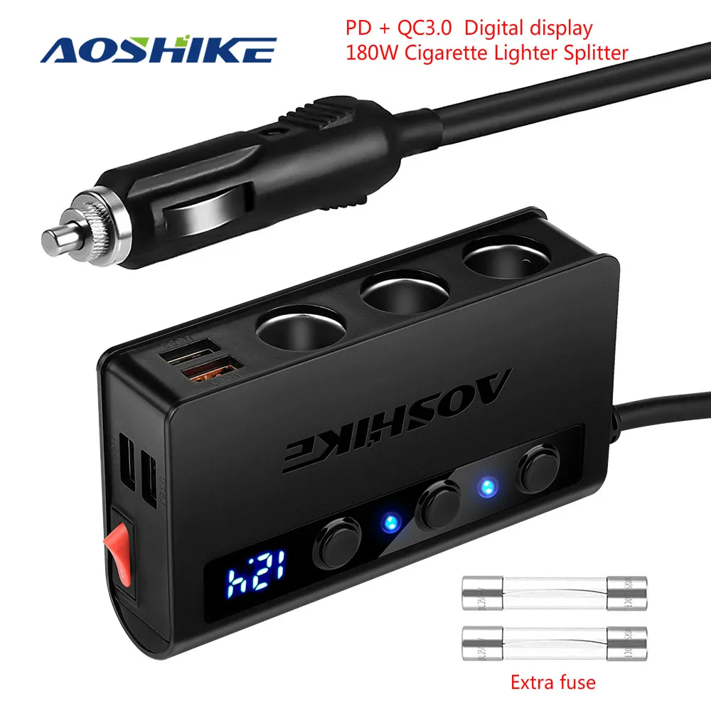 AOSHIKE Car Power Adapter Cigarette Lighter QC 3.0 Adapter 180W 12V/24V 3-Socket Splitter 4 USB Ports For GPS/DashCam/Phone/iPad
AOSHIKE Car Power Adapter Cigarette Lighter QC 3.0 Adapter 180W 12V/24V 3-Socket Splitter 4 USB Ports For GPS/DashCam/Phone/iPad