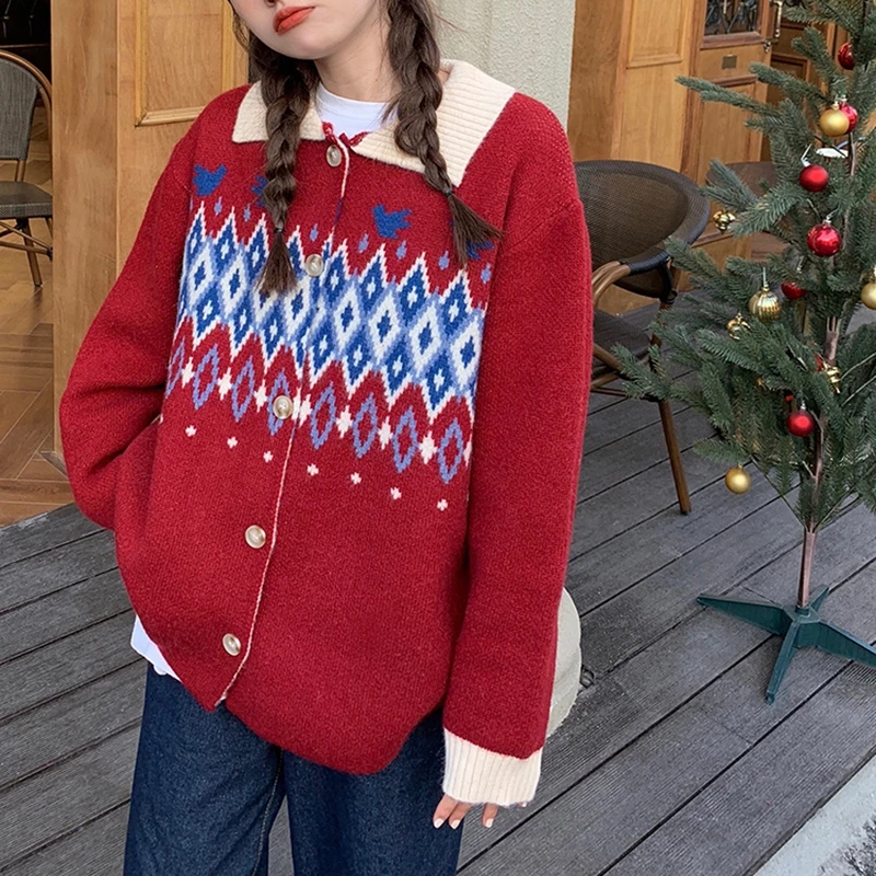 Christmas Vintage Jacquard Sweater Women Cardigan Red Festive New Year'S Clothing Polo Collar Long Sleeve Pull Femme
Christmas Vintage Jacquard Sweater Women Cardigan Red Festive New Year'S Clothing Polo Collar Long Sleeve Pull Femme