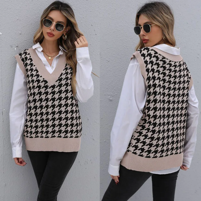 Women's Autumn New Houndstooth V-Neck Loose Knitted Sweater Vest, Knitted Vest Collarless Loose Khaki Vest, Mature Female Style
Women's Autumn New Houndstooth V-Neck Loose Knitted Sweater Vest, Knitted Vest Collarless Loose Khaki Vest, Mature Female Style