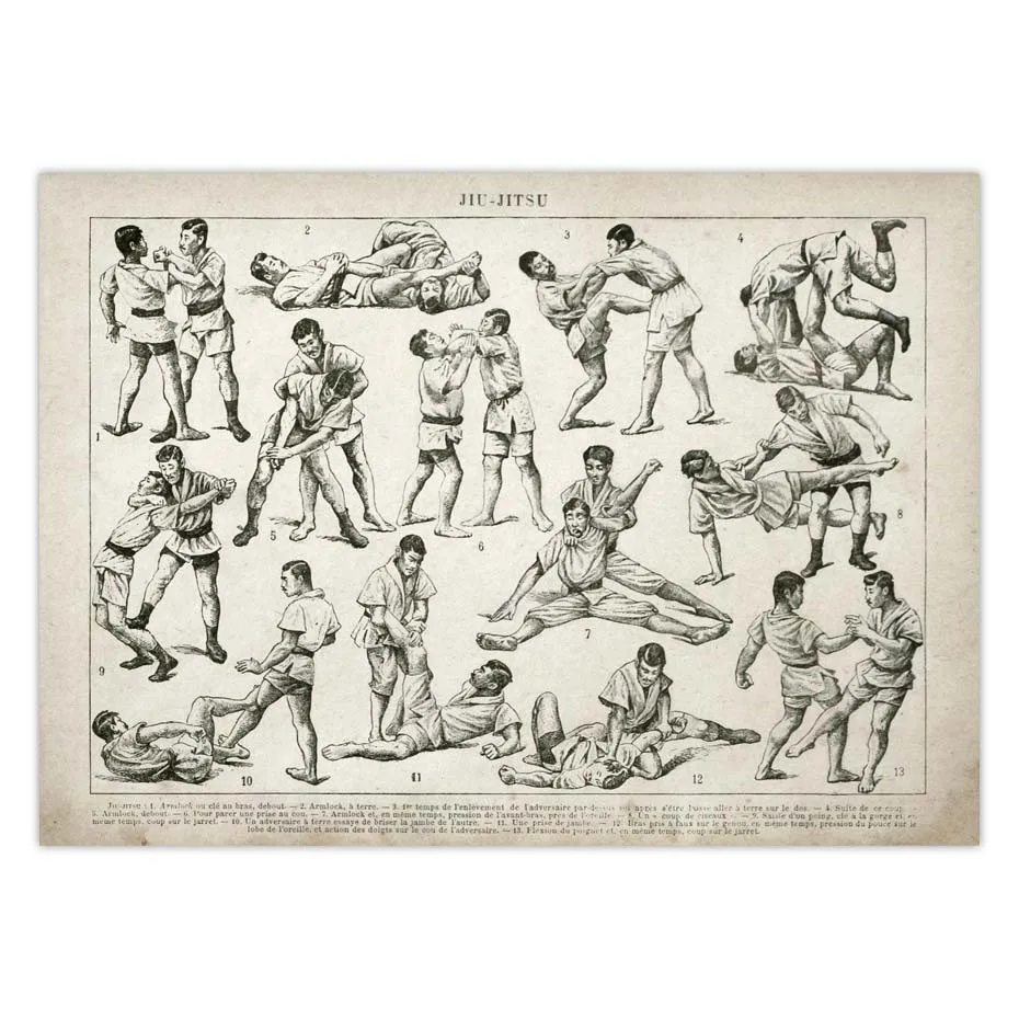 Плакат джиу джитсу боксерская борьба ограждение боевая техника график винтажная