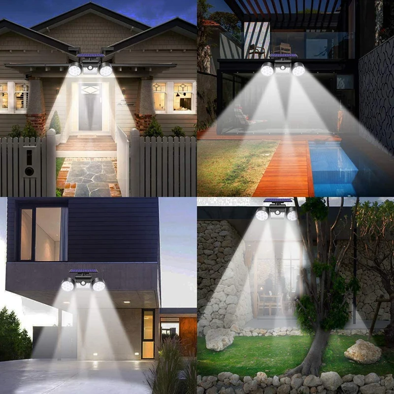 2Pcs Solar Lights LED Motion Sensor Solar Lights with Dual Head Spotlights 360 Degree Adjustable Outdoor Wall Lam