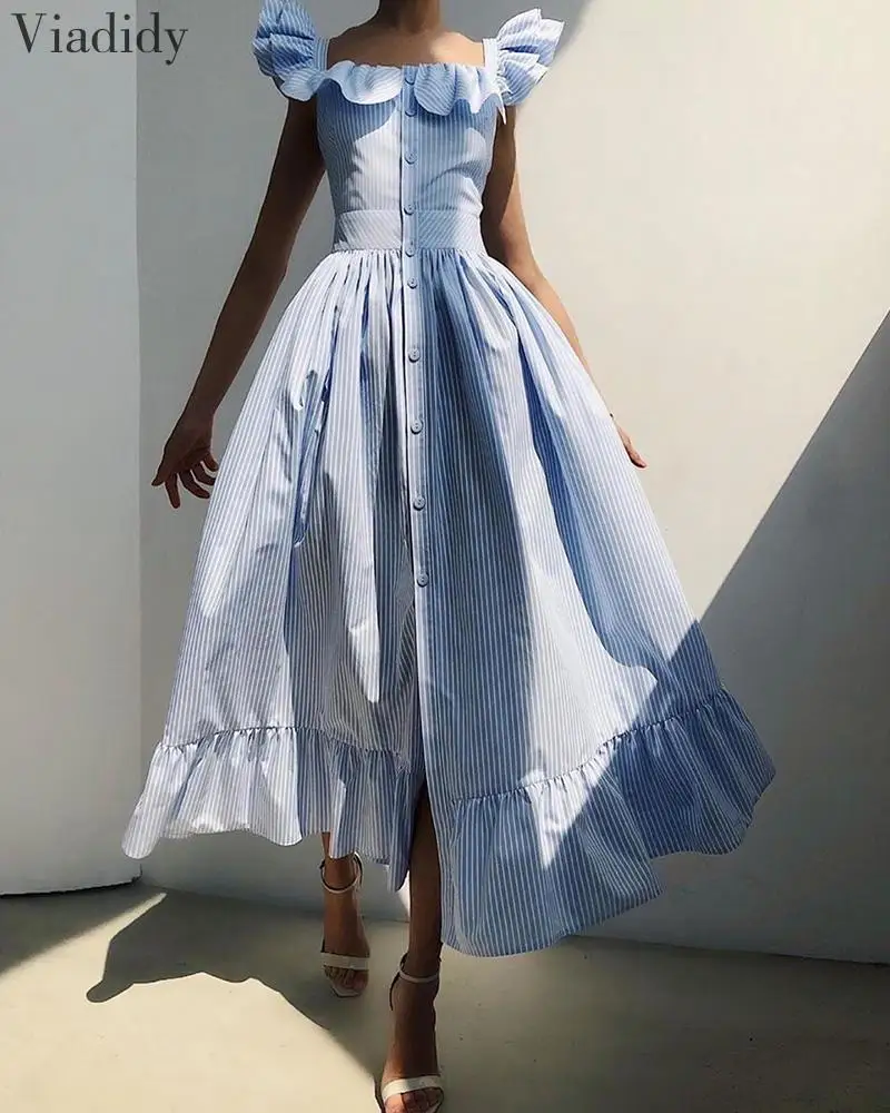 Striped Square Neck Flutter Sleeve Sweet Dress Women Ruffles Maxi Dress 
Striped Square Neck Flutter Sleeve Sweet Dress Women Ruffles Maxi Dress