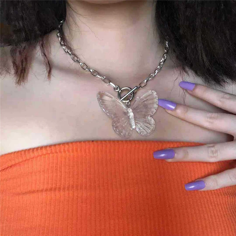 

Kpop Goth Transparent Acrylic Butterfly Pendant Clavicle Chain Choker Necklaces For Women Egirl Friends Party Halloween Jewelry