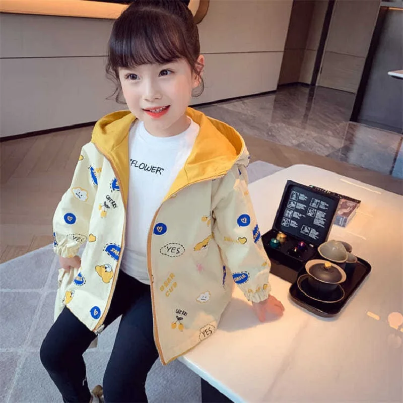 

Spring 2-7Yrs Girls Double Sided Jackets Autumn Kids Clothes Letter Sport Hooded Windbreaker Children Outerwear Baby Trench Coat