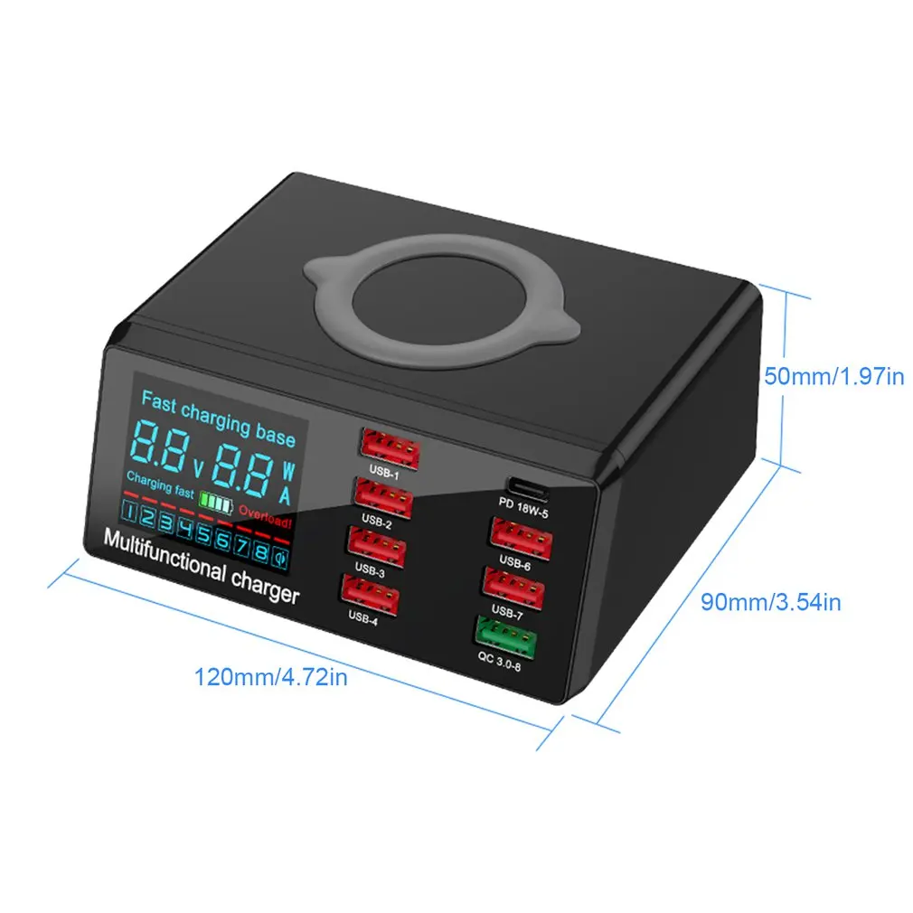 100W PD QC 3.0 Quick Charger 8 Ports Smart USB Digital Display Charging Dock Station Qi Wireless Fast Charger for iPhone Samsung
100W PD QC 3.0 Quick Charger 8 Ports Smart USB Digital Display Charging Dock Station Qi Wireless Fast Charger for iPhone Samsung