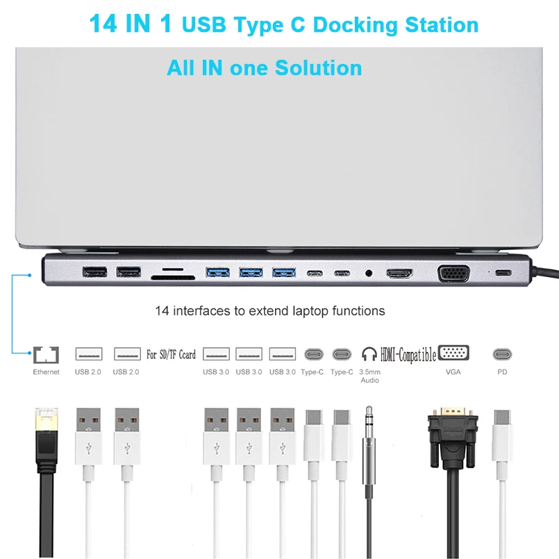 Фото Концентратор 14 в 1 с USB 3 0 кардридером для SD/TF карт двойным HDMI 4K RJ45 VGA C концентратор