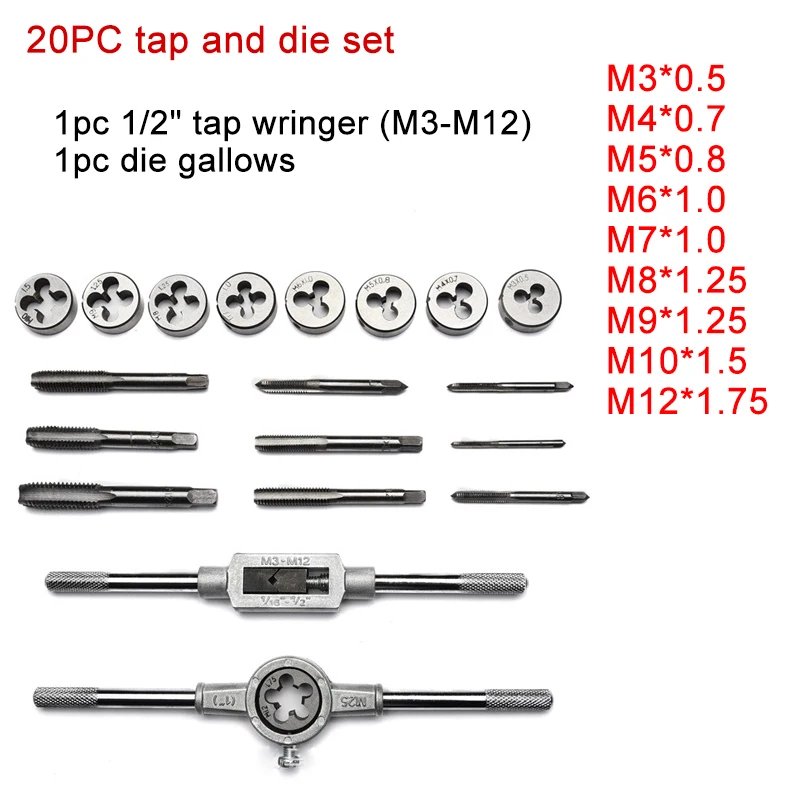 12/20PCS Tap and Die Set Metric Wrench Cut M3-M12 Hand Threading Tool Tungsten Carbide Tap Die Screw Thread Making Tool Bit Set
12/20PCS Tap and Die Set Metric Wrench Cut M3-M12 Hand Threading Tool Tungsten Carbide Tap Die Screw Thread Making Tool Bit Set