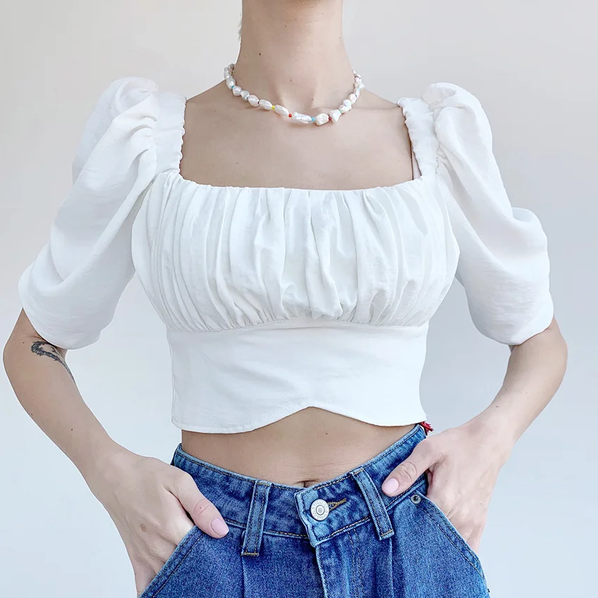 

2021 Summer New Square Neck Puff Sleeve Shirt Women's European and American Fashion Short Pleated Short-sleeved Shirt Coigarsam