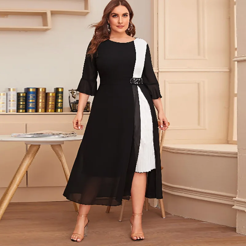 White And Black Contrast Color Elegant Dress Women Summer Three Quarter Sleeve Casual Dress Plus Size Maxi Long Dresses
White And Black Contrast Color Elegant Dress Women Summer Three Quarter Sleeve Casual Dress Plus Size Maxi Long Dresses
