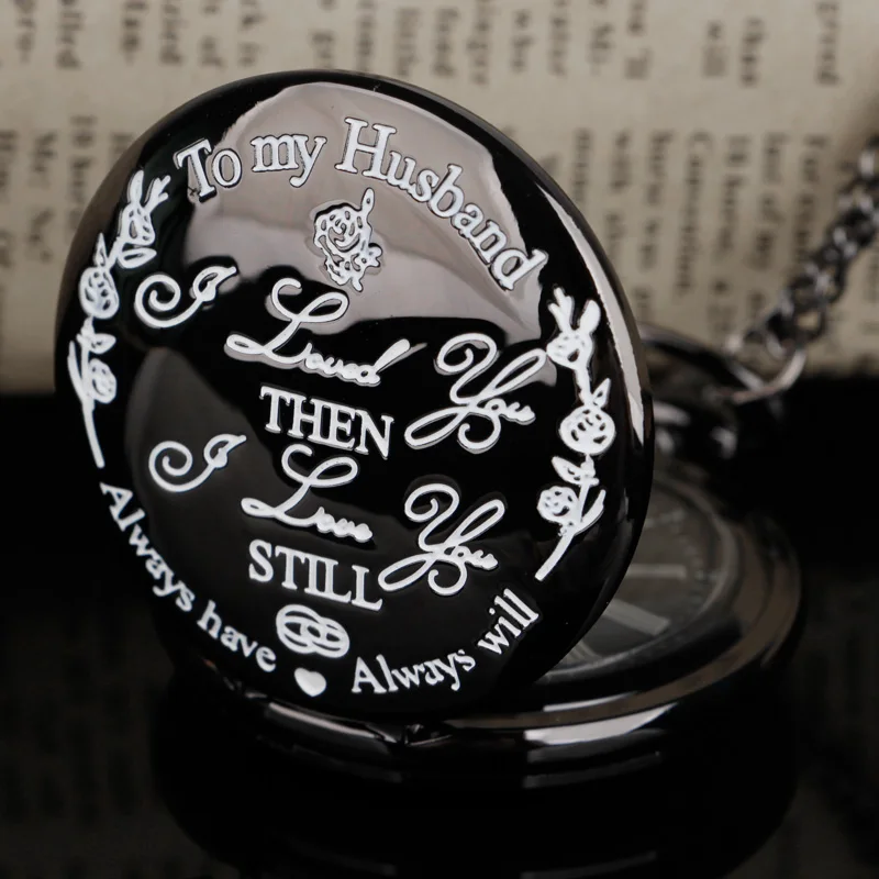 Черные кварцевые карманные часы с подвеской «Я тебя люблю», подарок для мужа, черный циферблат, римские цифры, часы в деловом стиле 
Черные кварцевые карманные часы с подвеской «Я тебя люблю», подарок для мужа, черный циферблат, римские цифры, часы в деловом стиле