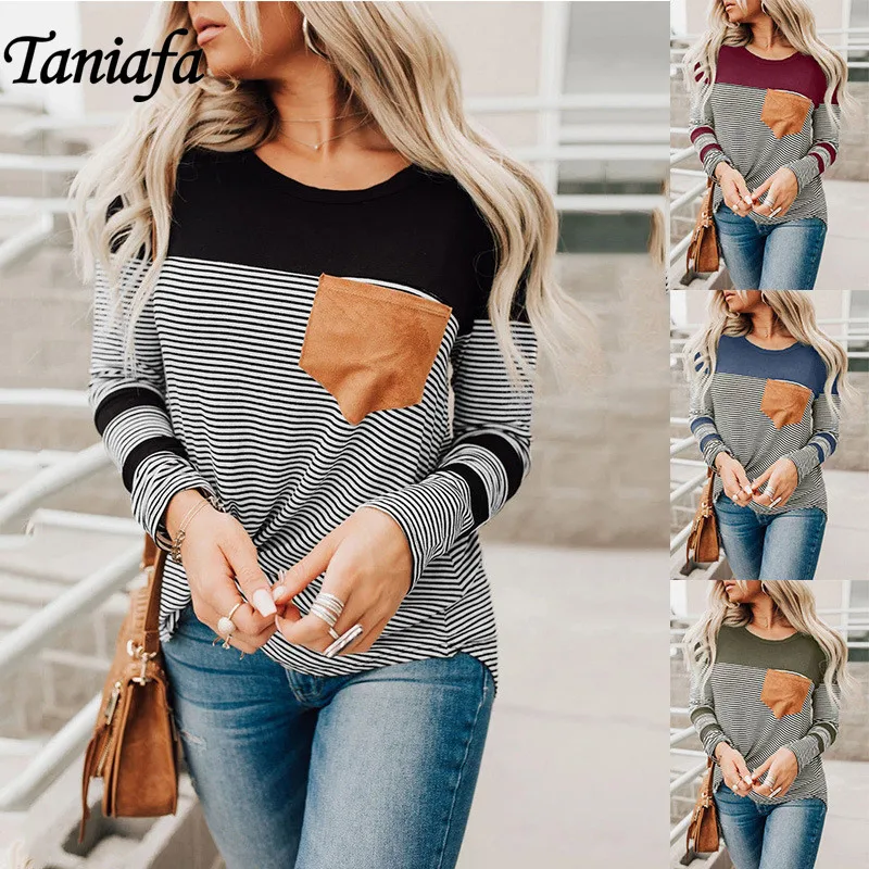 Женская Повседневная полосатая футболка с длинным рукавом и карманом, Модная приталенная рубашка с круглым вырезом 
Женская Повседневная полосатая футболка с длинным рукавом и карманом, Модная приталенная рубашка с круглым вырезом