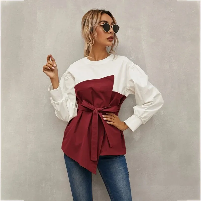 Summer T-Shirts Women 2021 Round Neck Patchwork Loose Style Lantern Sleeve With Belt Pullover Autumn Chic Female Blouse C2866
Summer T-Shirts Women 2021 Round Neck Patchwork Loose Style Lantern Sleeve With Belt Pullover Autumn Chic Female Blouse C2866