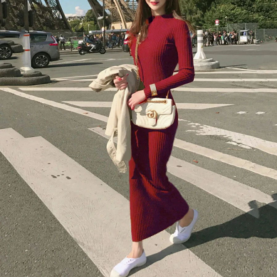 Вязаное платье, длинное праздничное повседневное женское осенне-зимнее трикотажное платье, тонкий пуловер, женское платье 
Вязаное платье, длинное праздничное повседневное женское осенне-зимнее трикотажное платье, тонкий пуловер, женское платье