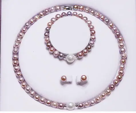 Ювелирные изделия, белый, розовый, лиловый, розовый 100% натуральные 9-10 мм пресноводный жемчуг браслет, ожерелье, серьги, роскошный набор 
Ювелирные изделия, белый, розовый, лиловый, розовый 100% натуральные 9-10 мм пресноводный жемчуг браслет, ожерелье, серьги, роскошный набор
