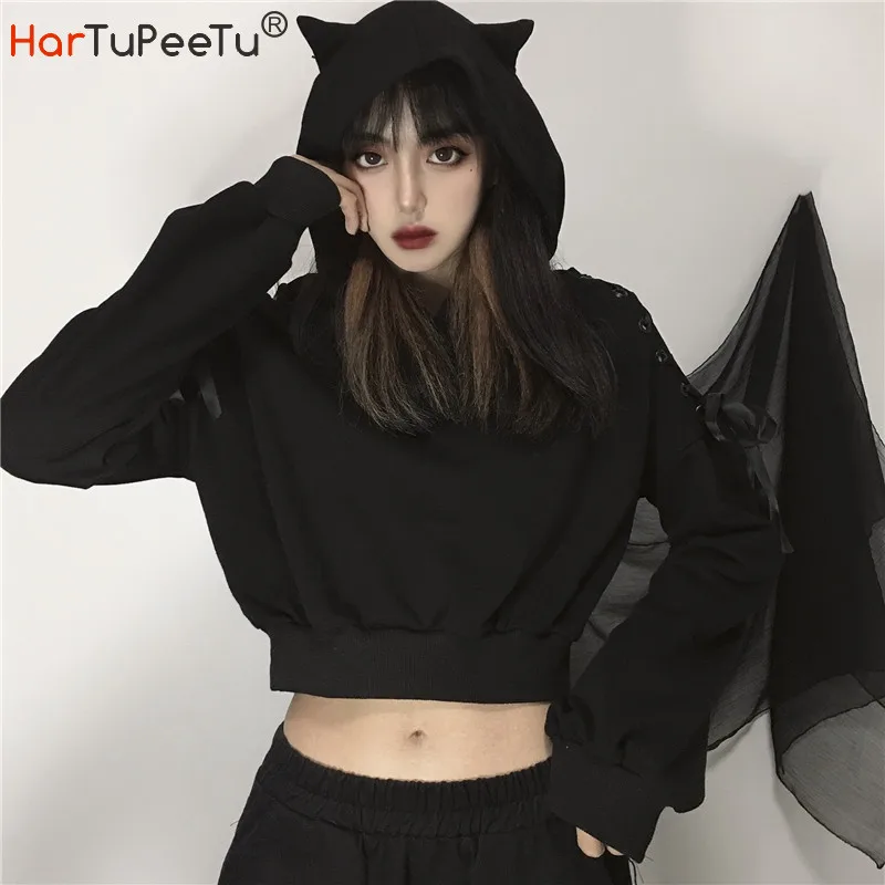 2021 Spring Gothic Black Hoodie Cross Bandage Design Off Shoulder Short Sweatshirts Long Sleeve Crop Top Cat's Ear Hooded Coat
2021 Spring Gothic Black Hoodie Cross Bandage Design Off Shoulder Short Sweatshirts Long Sleeve Crop Top Cat's Ear Hooded Coat