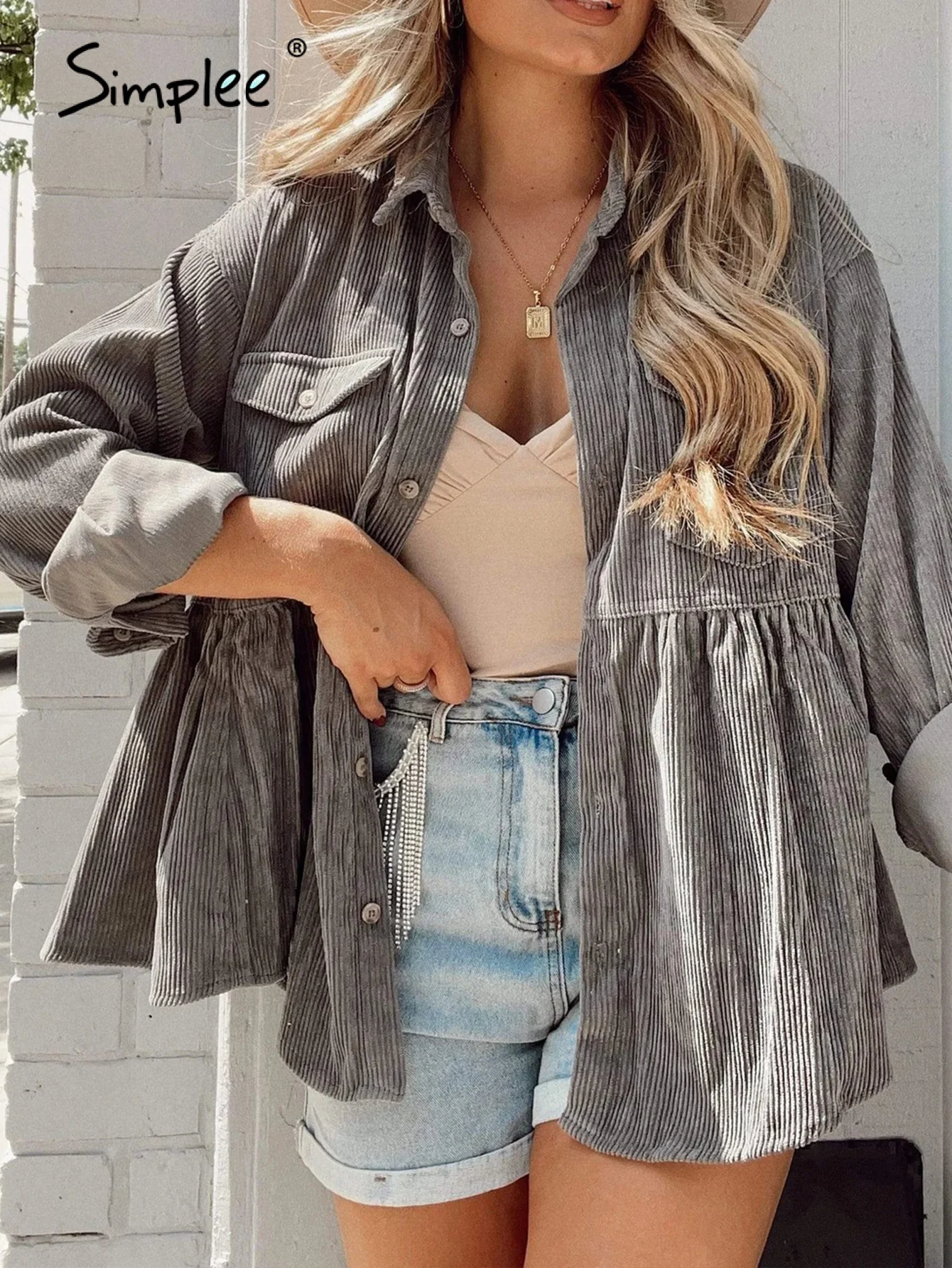 Simplee Cotton buttons long sleeves pleated corduroy shirt coat women Pocket drop sleeve casual shirts Female autumn coats 2021
Simplee Cotton buttons long sleeves pleated corduroy shirt coat women Pocket drop sleeve casual shirts Female autumn coats 2021