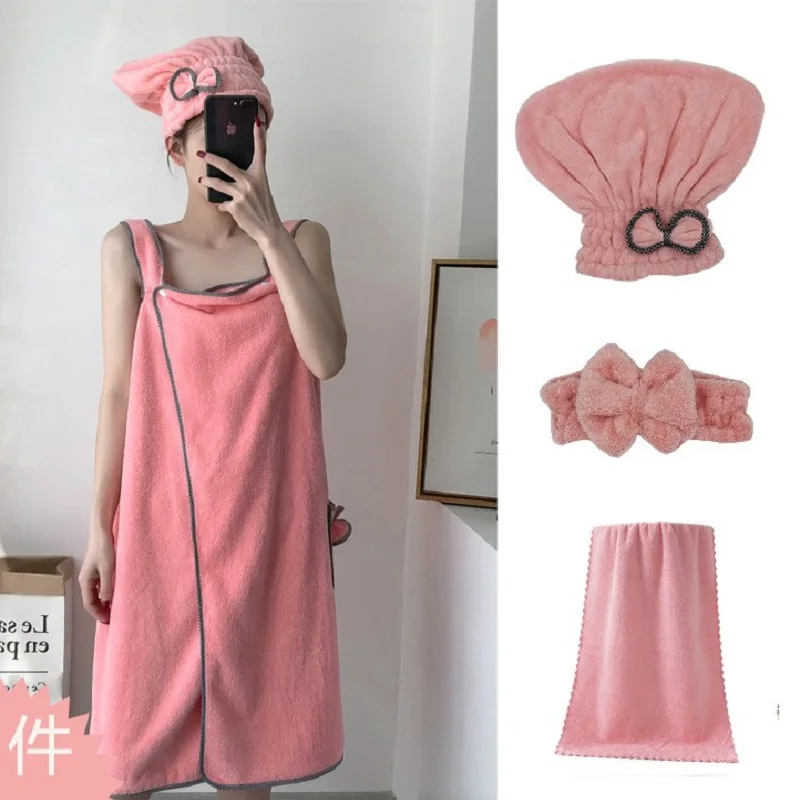 Thicken ladies tube top strap magic bath towel coral fleece bath skirt can wear adult beach towel shower cap set 
Thicken ladies tube top strap magic bath towel coral fleece bath skirt can wear adult beach towel shower cap set