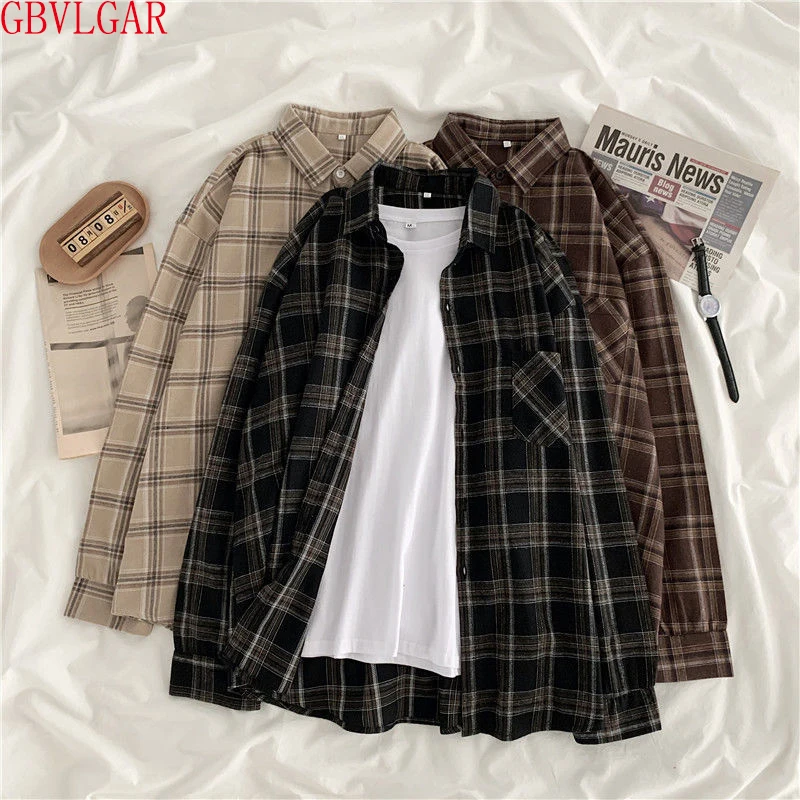 Korean Style Long Sleeves Collared Shirt Tops Women Shirt Plaid Female Oversize Blouse Casual Outwear Vintage Black Femme Blusas
Korean Style Long Sleeves Collared Shirt Tops Women Shirt Plaid Female Oversize Blouse Casual Outwear Vintage Black Femme Blusas