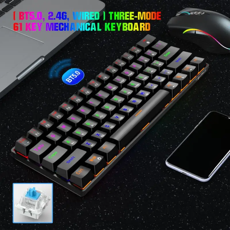 

Mechanical Keyboard TKL 61 Keys Wireless Bluetooth-compatible 2.4Ghz Three Mode RGB Office Hot Swappable Keyboards Blue Axis