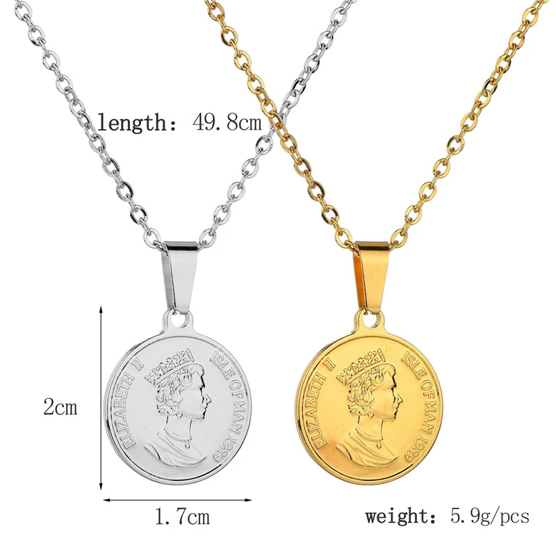 Sinogaa 2021 New Stainless Steel Women Necklace Gold Color Pound Elizabeth II, Coins Mujer Collar Choker Vintage Jewelry 
Sinogaa 2021 New Stainless Steel Women Necklace Gold Color Pound Elizabeth II, Coins Mujer Collar Choker Vintage Jewelry