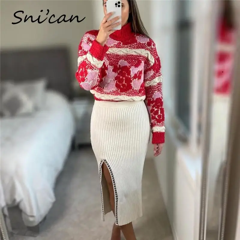 

Red Floral Designer Sweater Women Turtleneck Oversize Casual Ladies Pullover Fashion Jumper Mujer Vetement Pull Col Roulé Femme