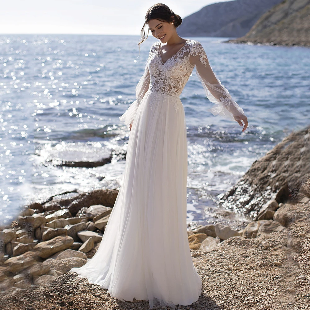 Tulle A-Line Sweep Train Boho Wedding Dress 2021 V-Neck Long Sleeve Lace Appliques Bridal Gowns Vestido De Novia
Tulle A-Line Sweep Train Boho Wedding Dress 2021 V-Neck Long Sleeve Lace Appliques Bridal Gowns Vestido De Novia